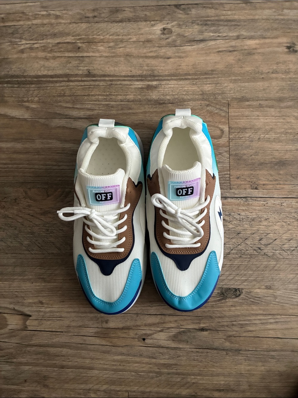 OFF Fashiona Classic Label White, Teal & Brown Chunky Sneakers